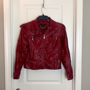 Body Central Red Faux Leather Moto Jacket Size:Large